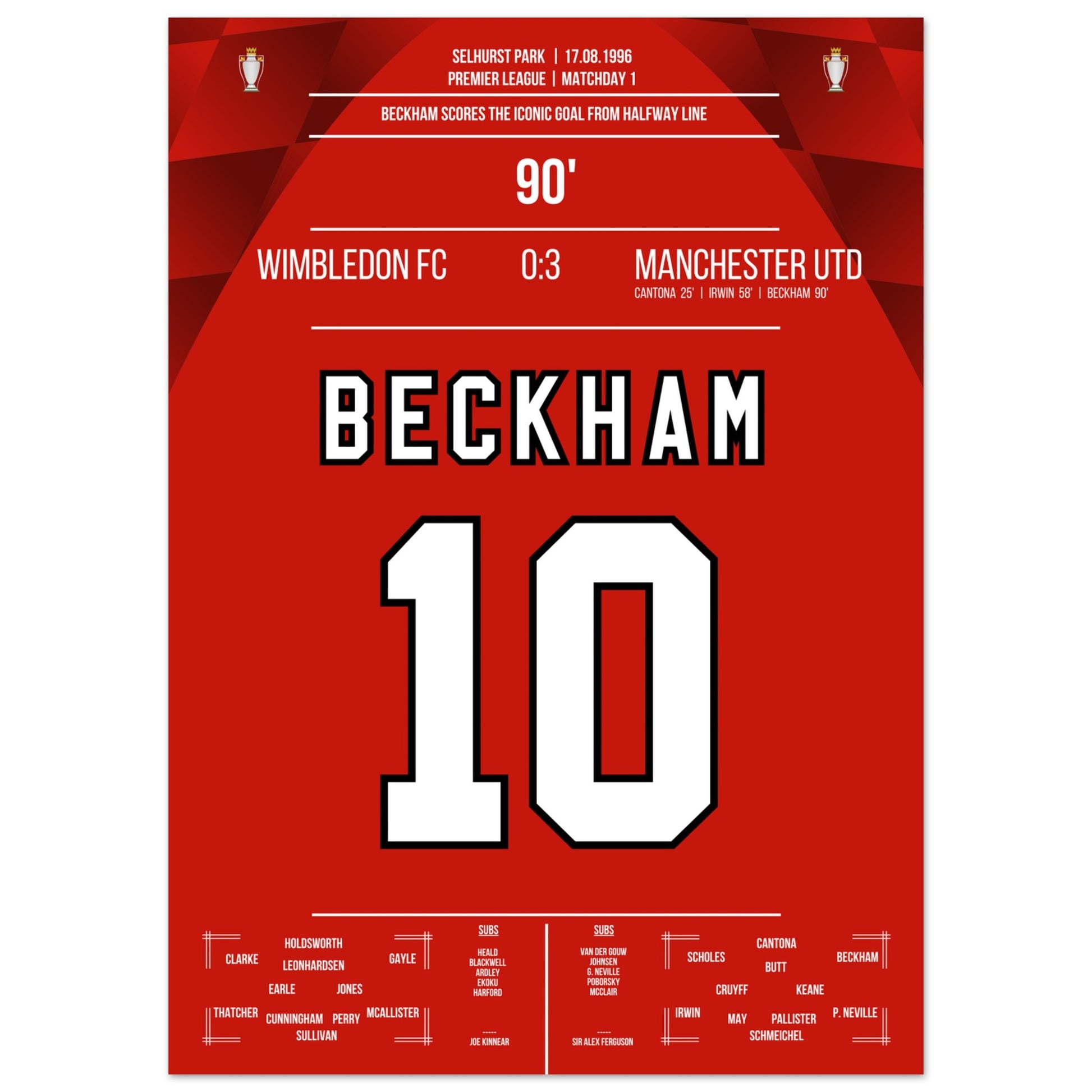 Beckham's Tor von der Mittellinie beim Auswärtsspiel gegen Wimbledon 1996 50x70-cm-20x28-Ohne-Rahmen