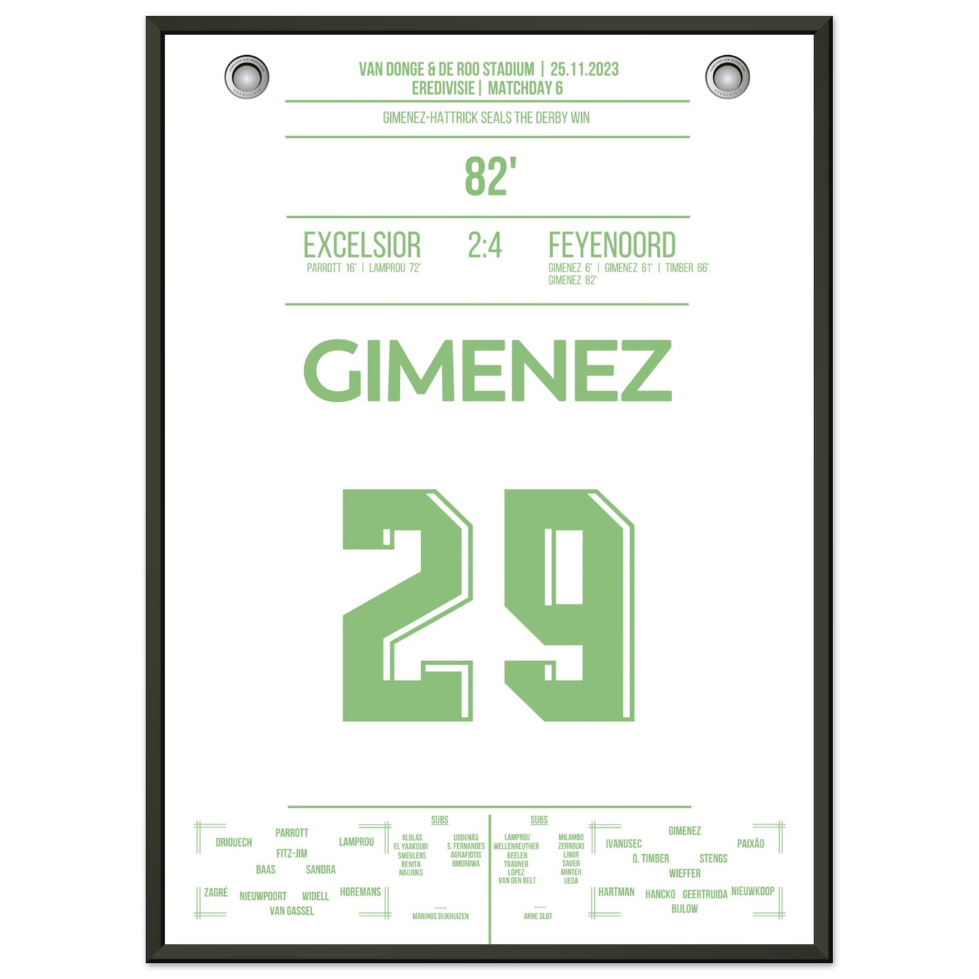Gimenez-Hattrick beim Derby Sieg gegen Excelsior 50x70-cm-20x28-Schwarzer-Aluminiumrahmen