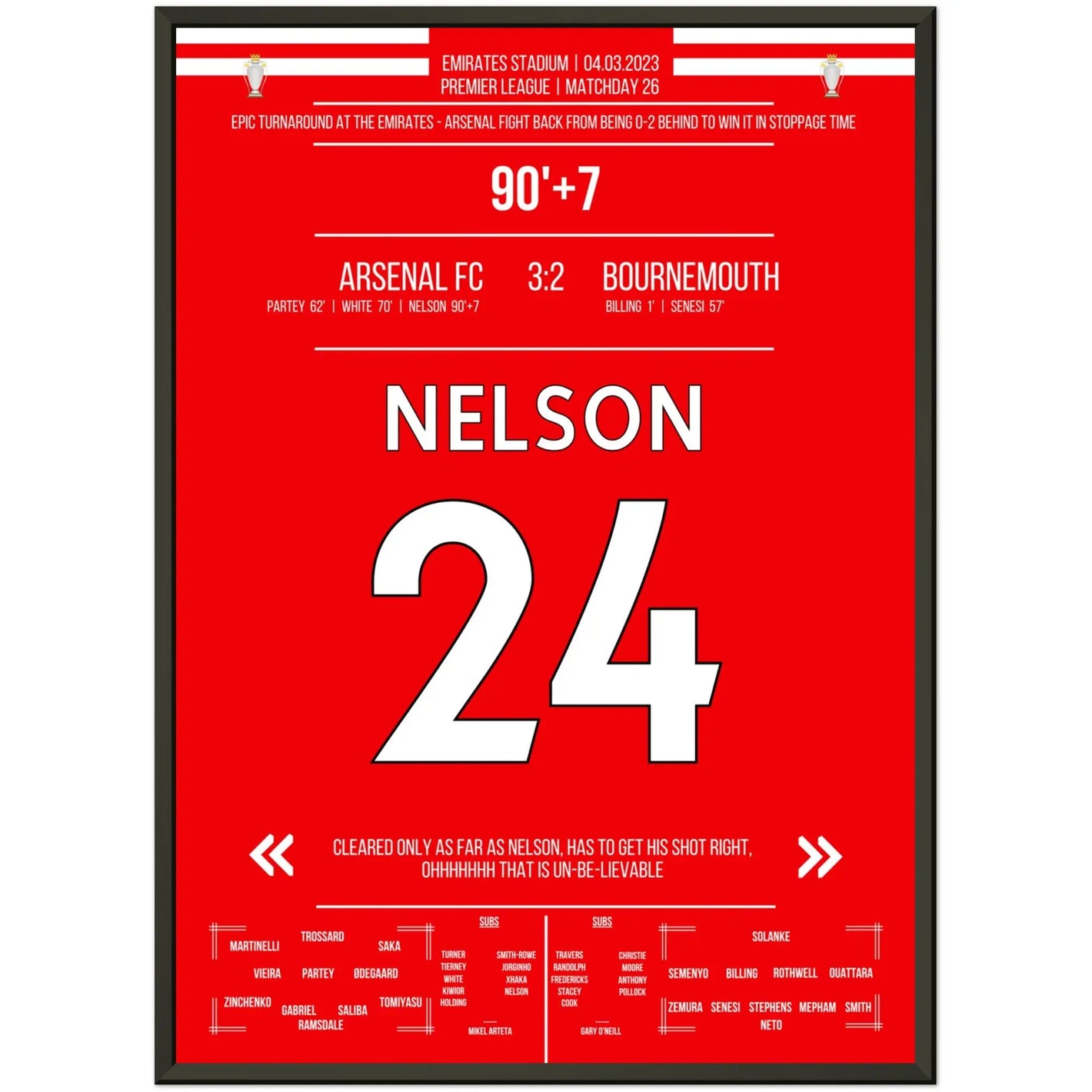 Arsenal comeback against Bournemouth - Nelson's goal in the last second