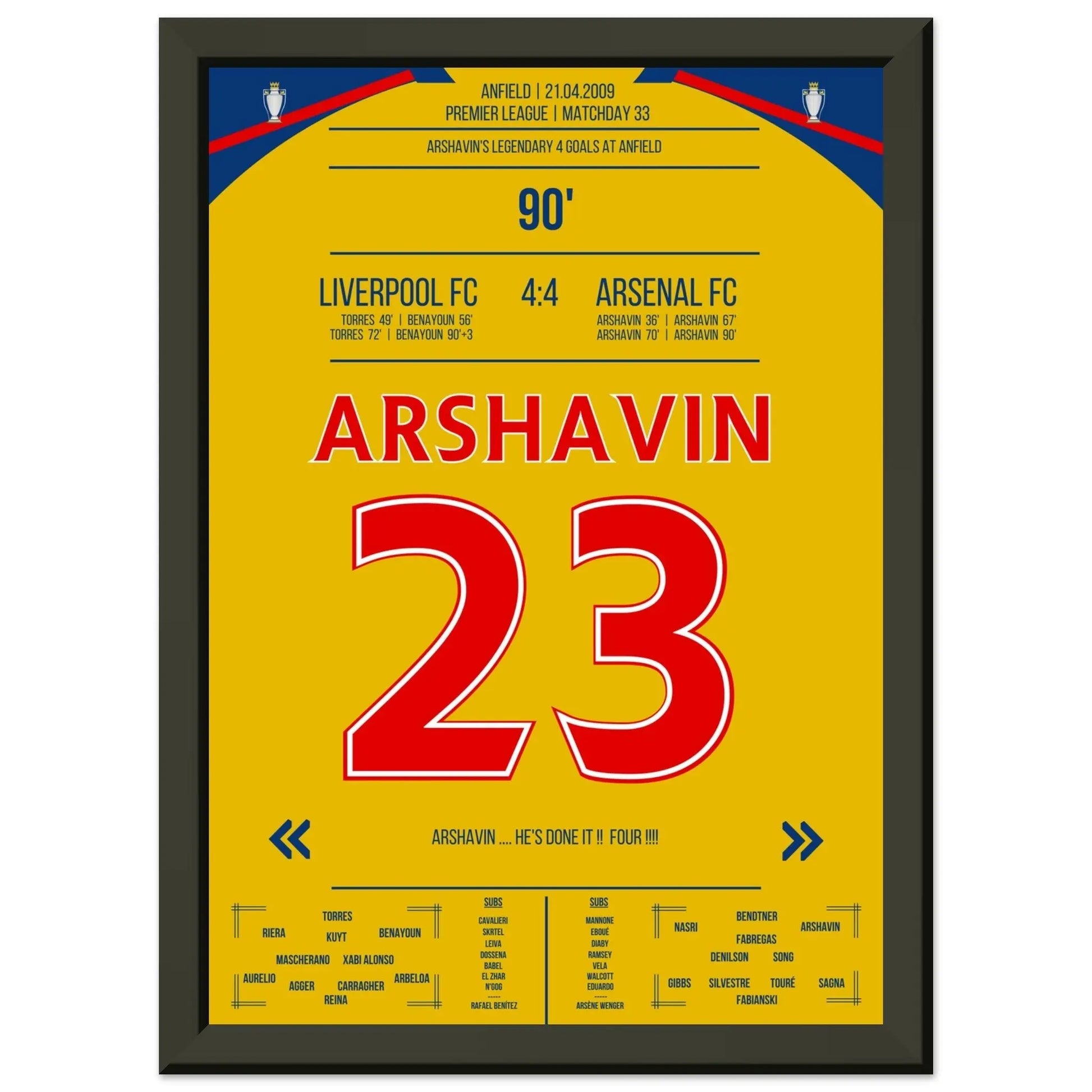 Arshavin's 4-Tore-Show in Anfield 2009 A4-21x29.7-cm-8x12-Schwarzer-Aluminiumrahmen