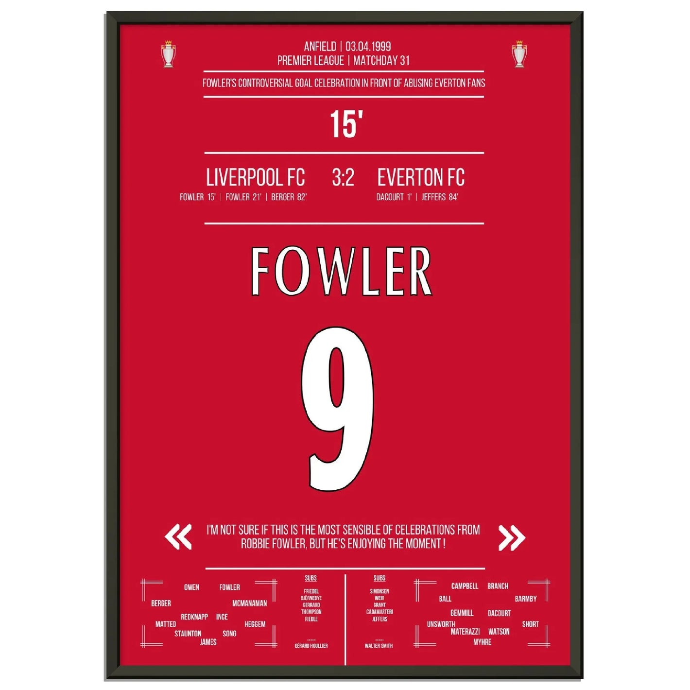 Fowlers außergewöhnlicher Torjubel Liverpool - Everton 1999 Premier League Merseyside Derby 