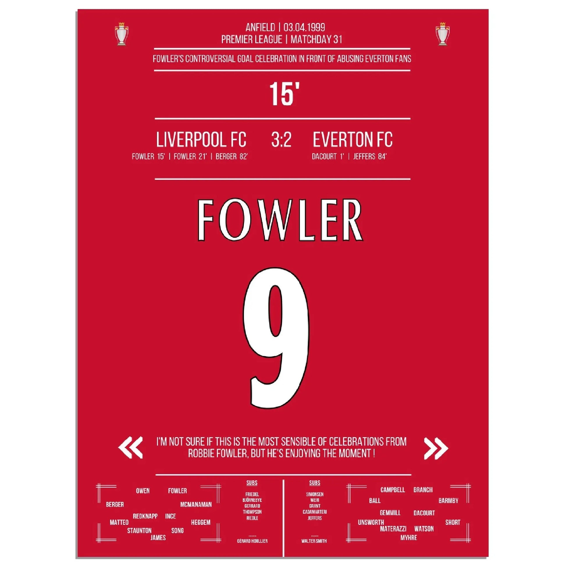 Fowlers außergewöhnlicher Torjubel Liverpool - Everton 1999 Premier League Merseyside Derby 