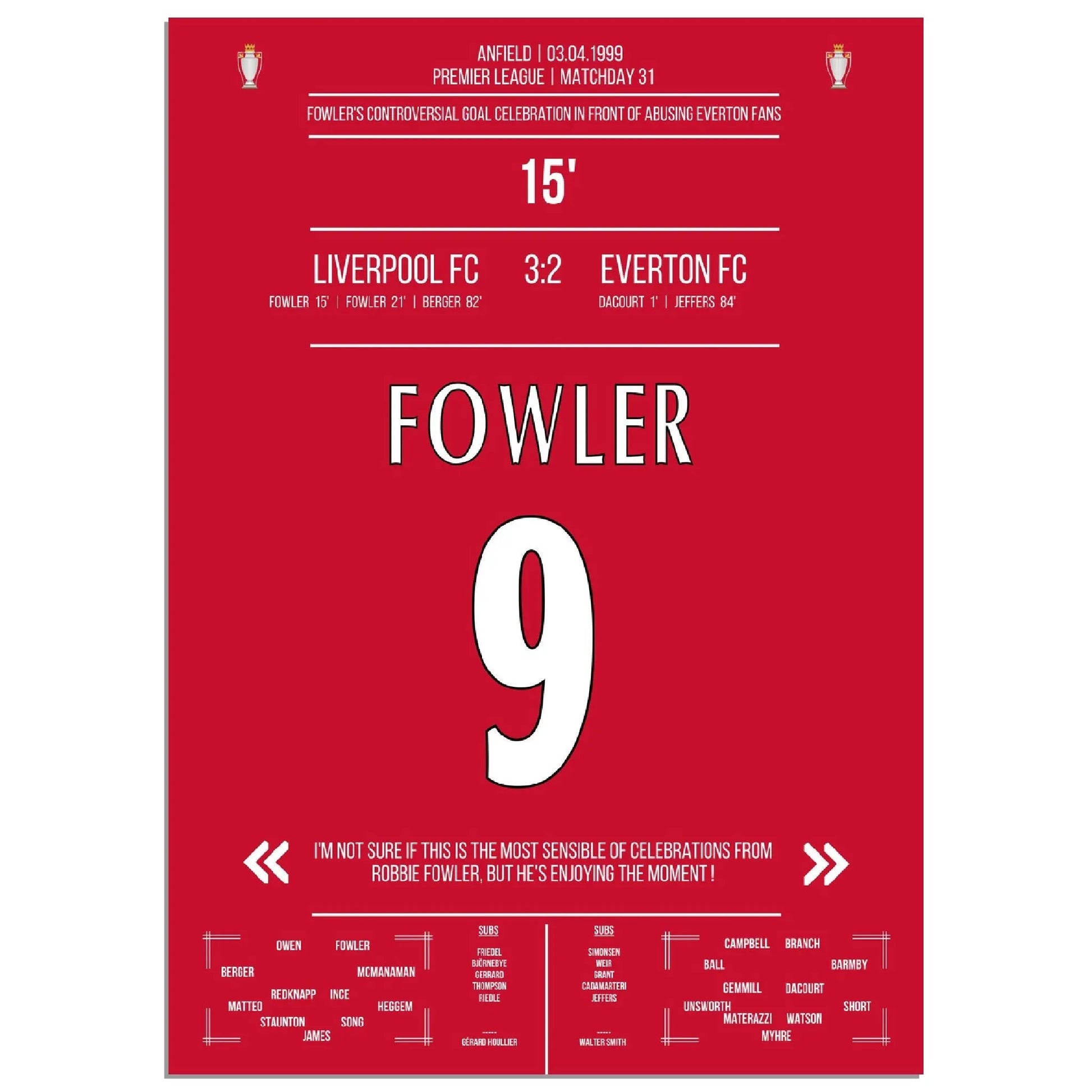 Fowlers außergewöhnlicher Torjubel Liverpool - Everton 1999 Premier League Merseyside Derby 