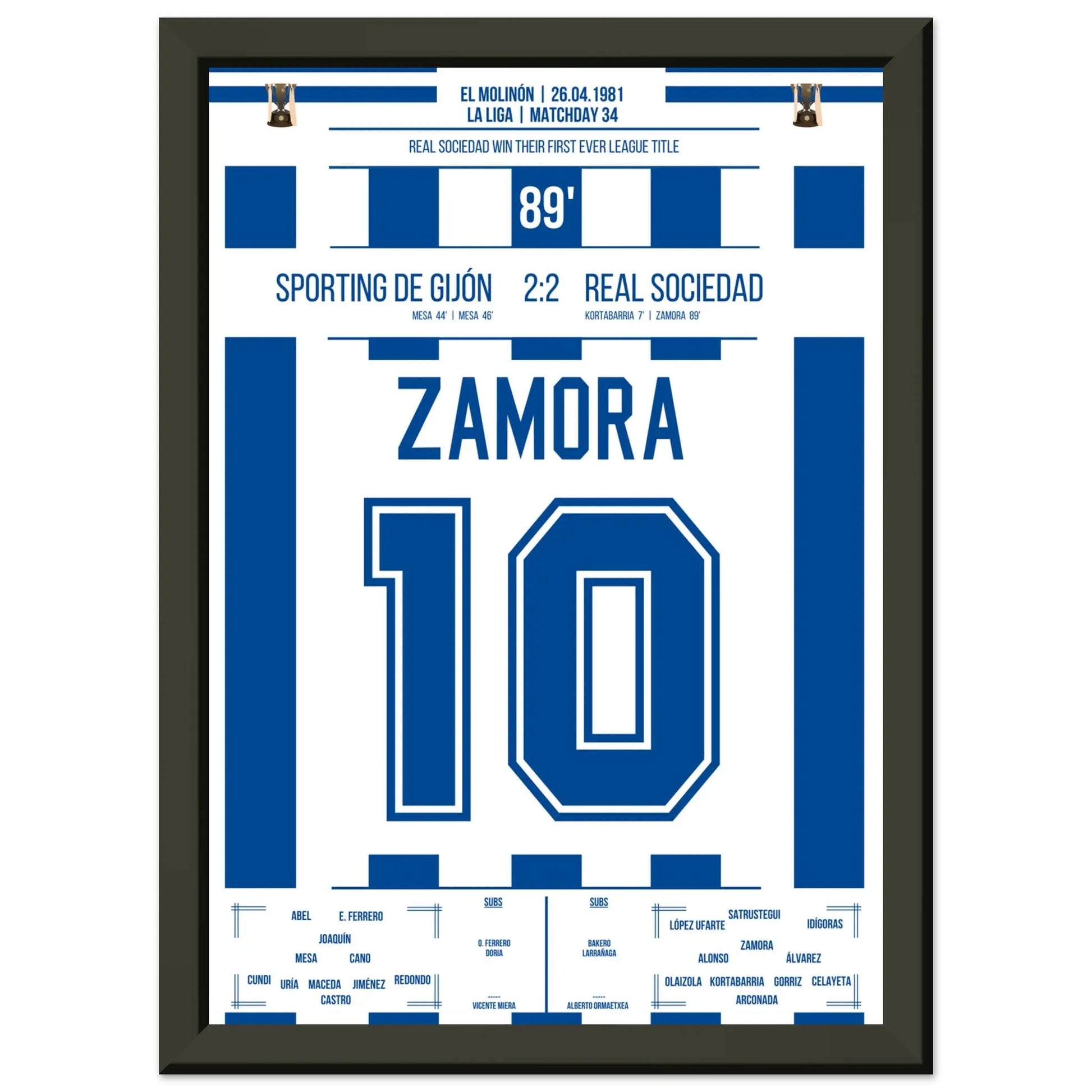 Zamora's Tor bei San Sebastians erster Meisterschaft der Vereinsgeschichte A4-21x29.7-cm-8x12-Schwarzer-Aluminiumrahmen