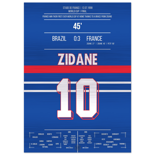 Zidane Kopfball-Doppelpack zu Frankreichs ersten WM Titel 1998 gegen Brasilien – Metal Edition
