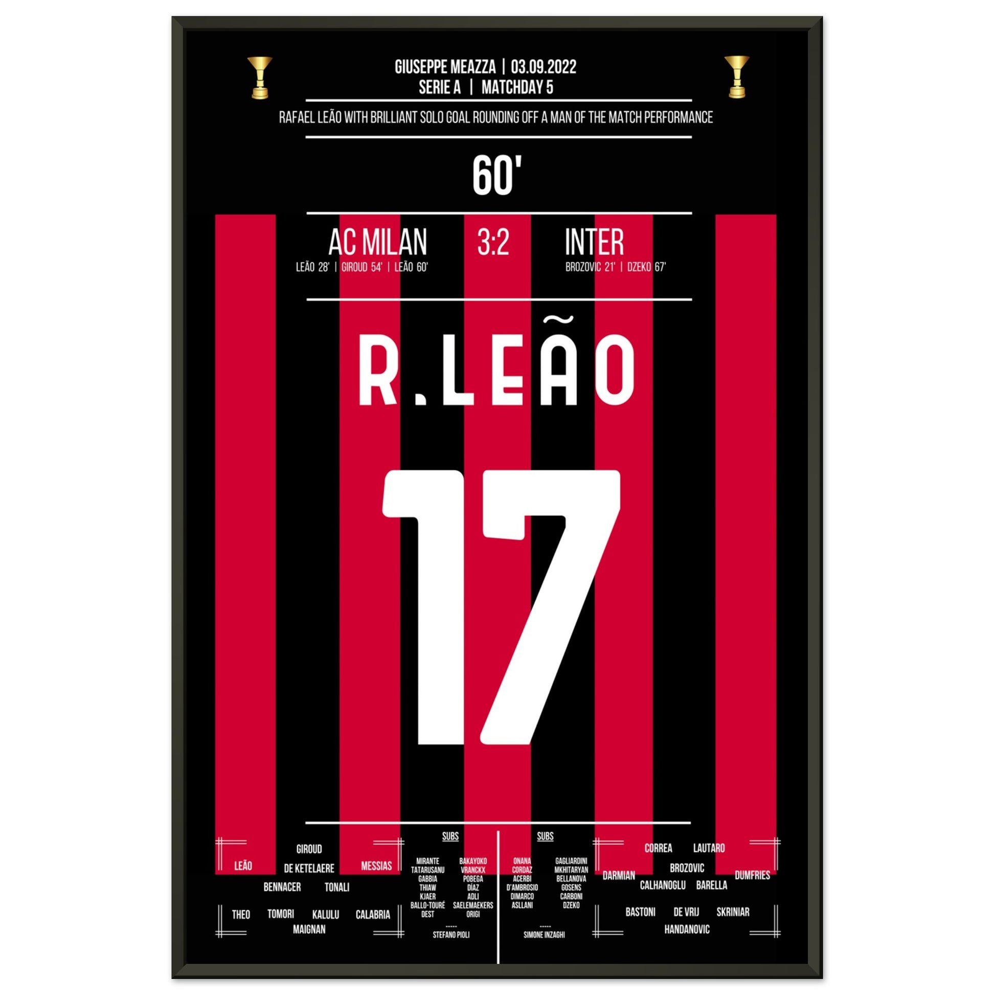 Man Of The Match Performance von Rafael Leão im Derby gegen Inter 60x90-cm-24x36-Schwarzer-Aluminiumrahmen
