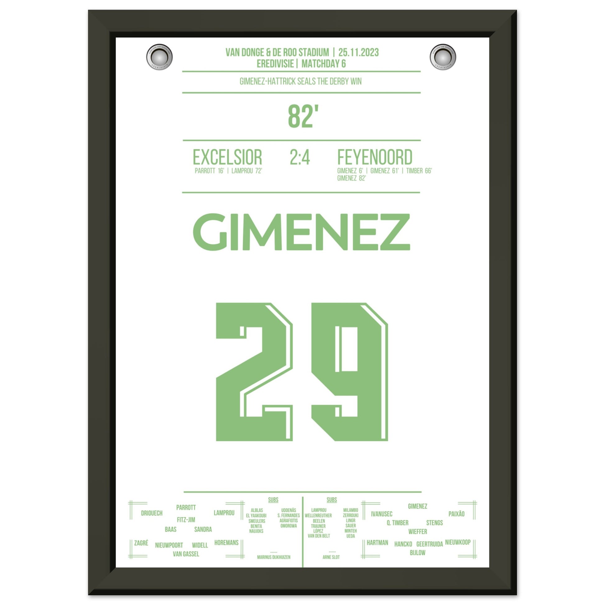 Gimenez-Hattrick beim Derby Sieg gegen Excelsior A4-21x29.7-cm-8x12-Schwarzer-Aluminiumrahmen