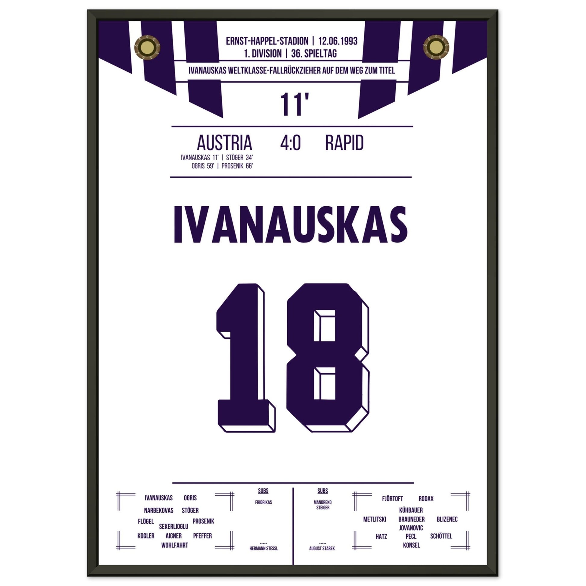 Ivanauskas Weltklasse-Fallrückzieher zu Austria's Meisterschaft 1993 50x70-cm-20x28-Schwarzer-Aluminiumrahmen