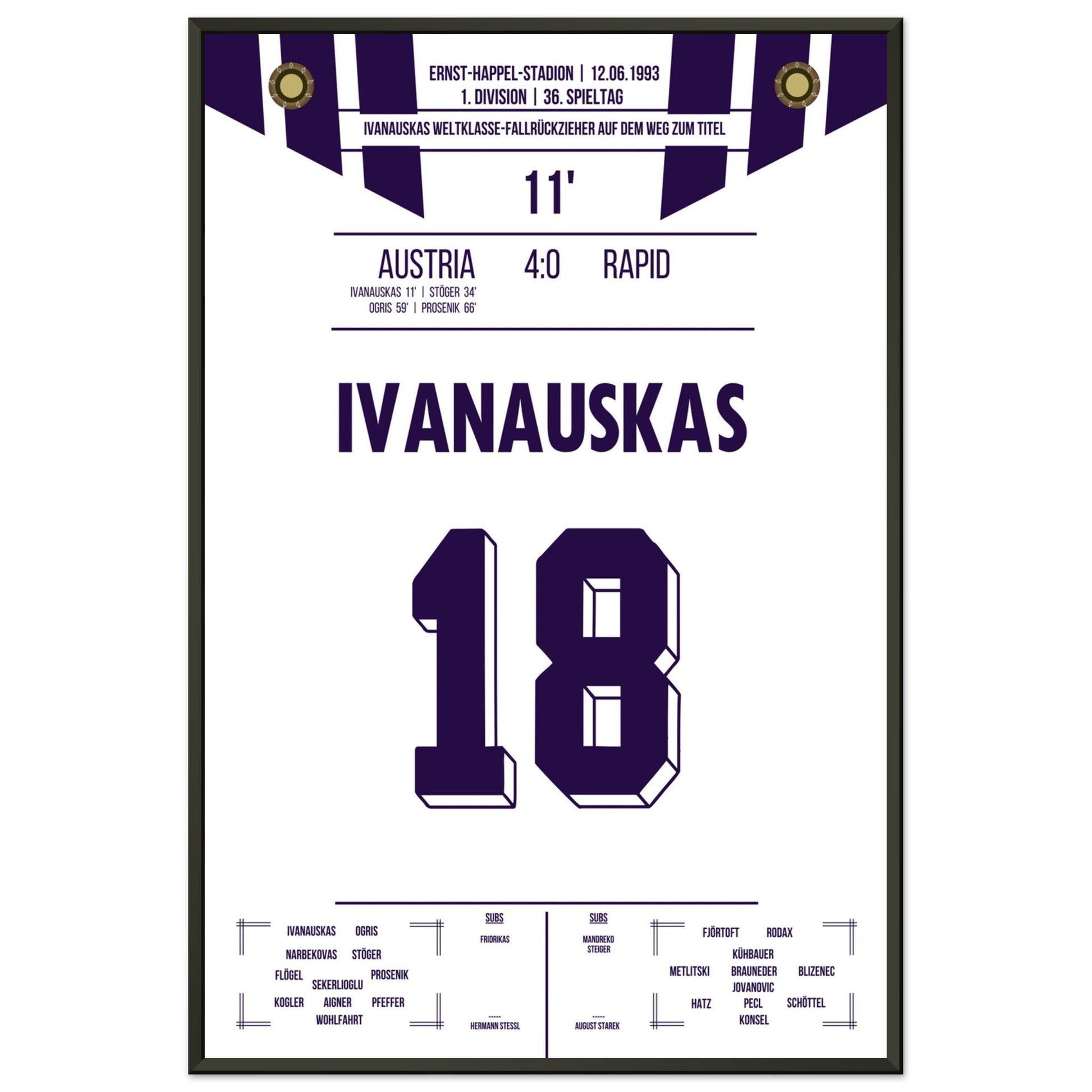 Ivanauskas Weltklasse-Fallrückzieher zu Austria's Meisterschaft 1993 60x90-cm-24x36-Schwarzer-Aluminiumrahmen