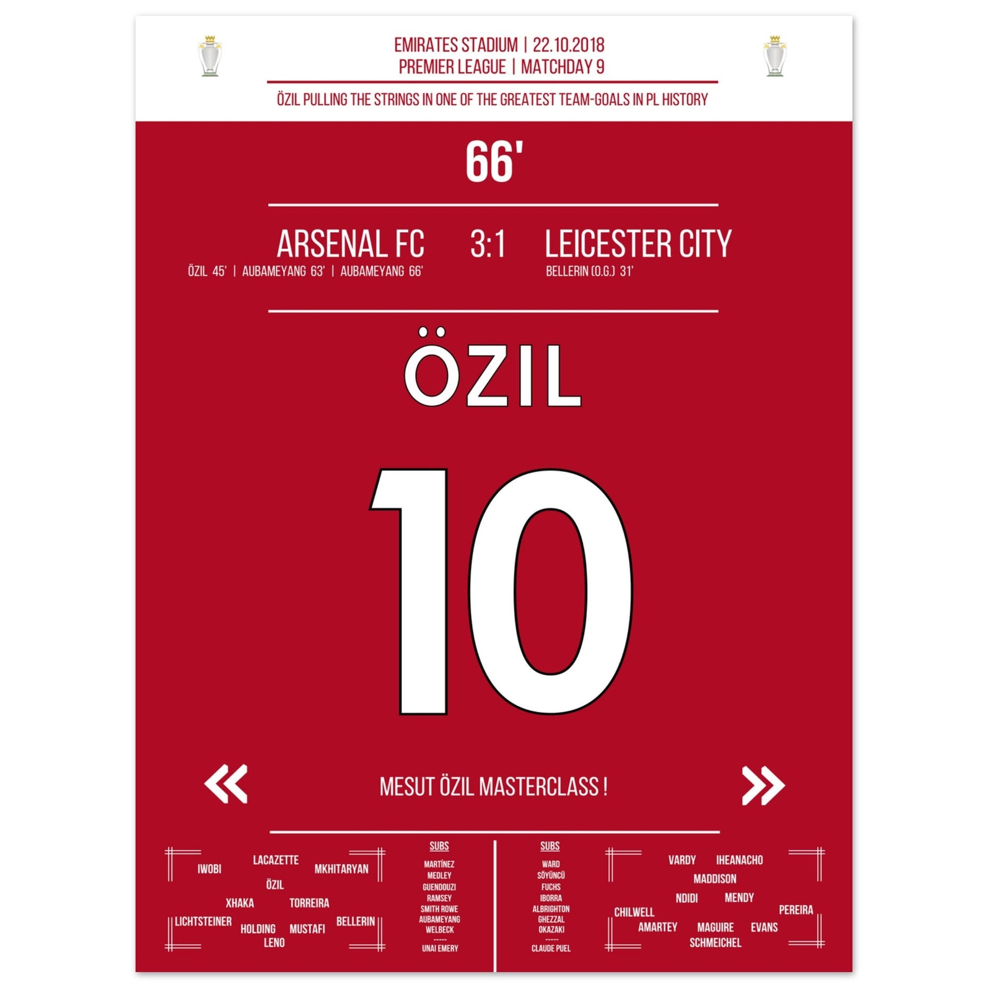 Mesut Özil Masterclass gegen Leicester in 2018 30x40-cm-12x16-Ohne-Rahmen